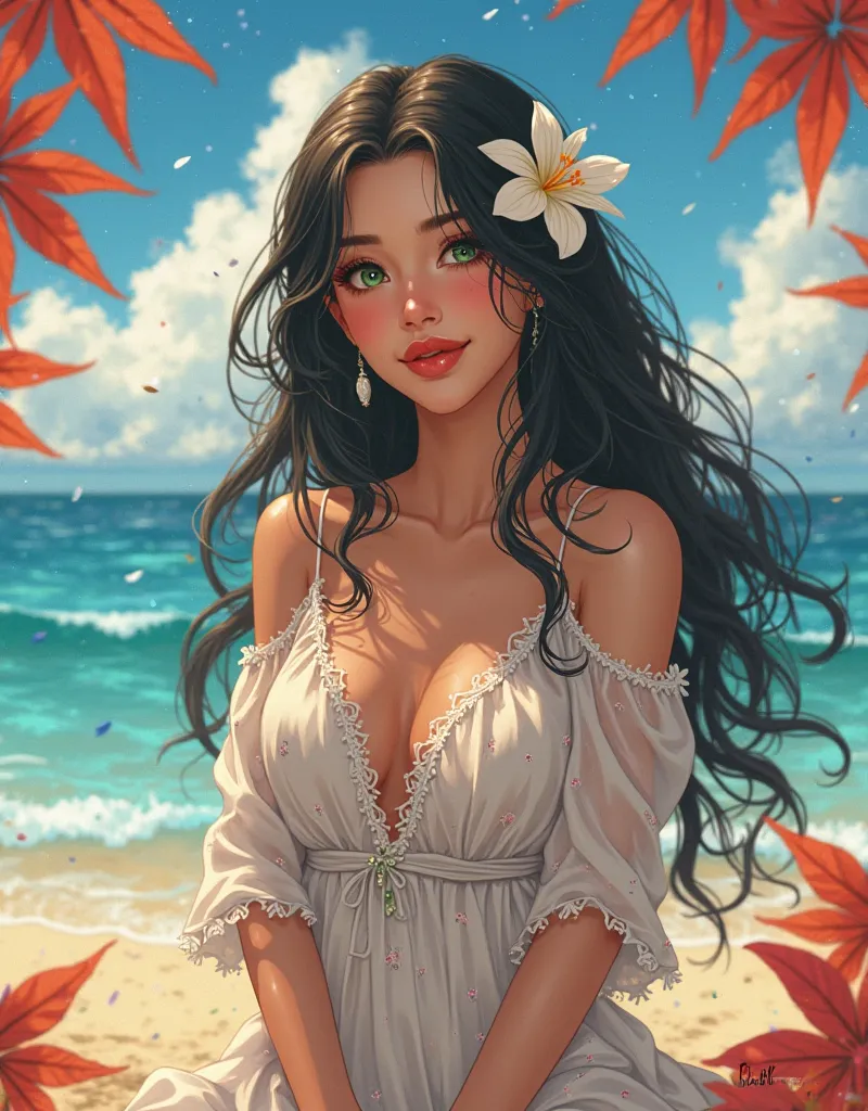 Beautiful woman in tune with Latin features realistic anime smiling very red lips green eyes very long straight black hair a white Hawaiian flower adorning her hair,loose white dress with white Hawaiian flowers printed moved by the wind,holding a white Haw...