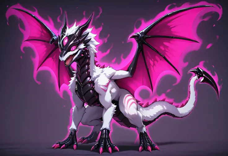 Female Dragon. Feral body type. Scorpion element. Furryfemale. White fur. Black carapace. Pink eyes. Velociraptor eyes. Dragon wings. Compound eyes on the forehead. Multiple eyes. Scorpion's tail. A poisonous aura. anime style.