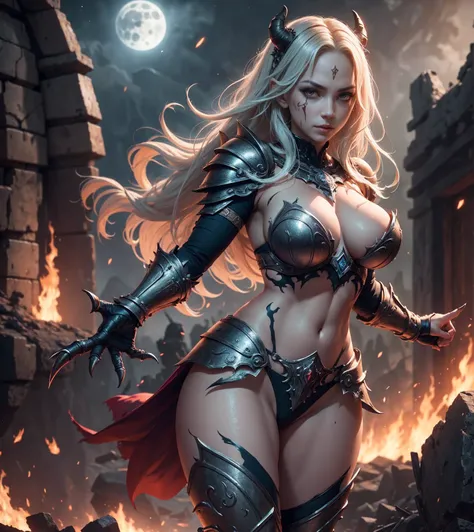 girl, giant breasts, half-naked , giant breats, breasts covered, armor bra, composed of Antikythera mechanisms, standing, standing up,  evil look , sexy, armor panties, claws, dams, basic, to hide,  demon tail, demonic armor, facepaint, body paint, bright ...