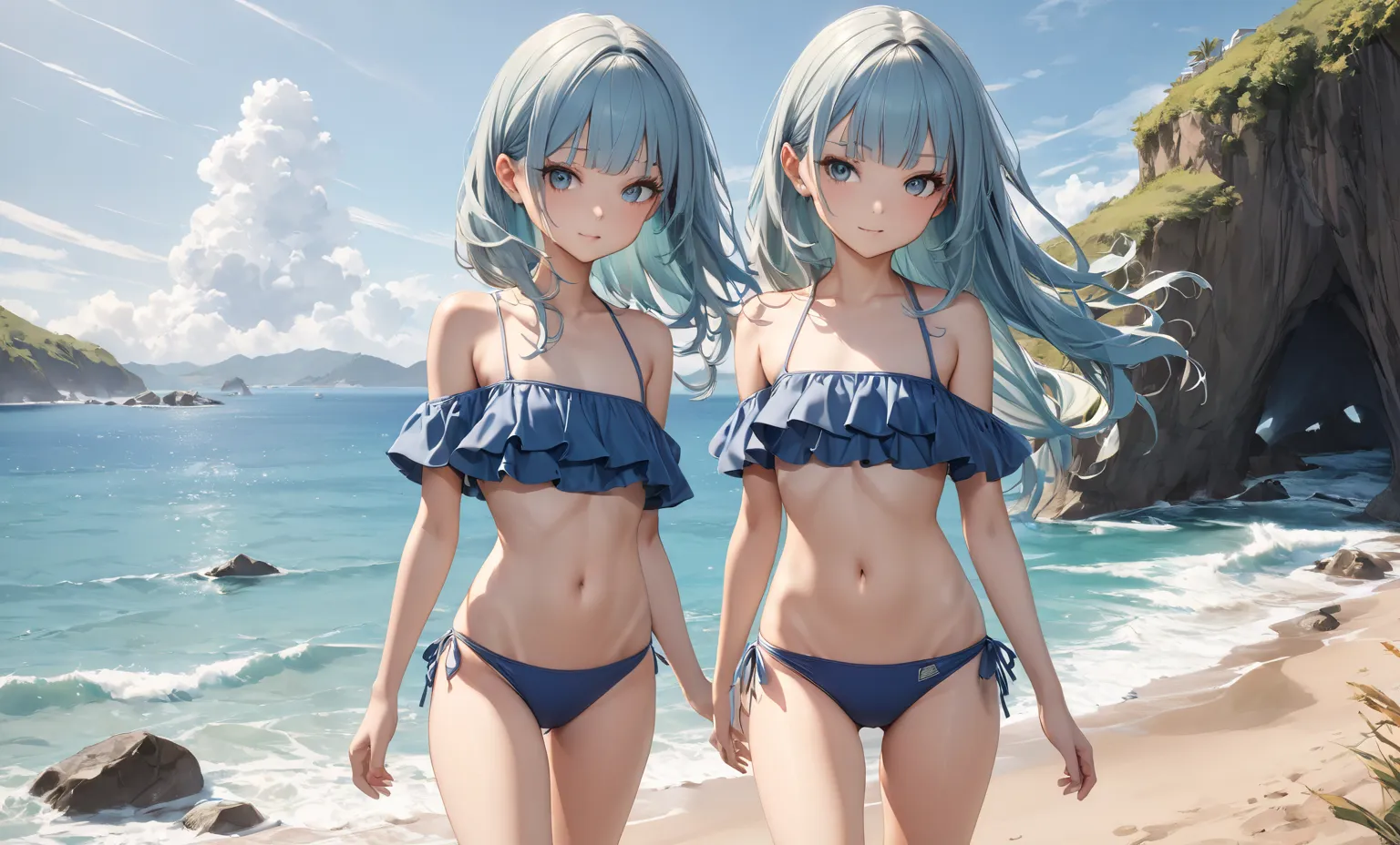 Aqua Blue Long Haired ，Golden pupil，Flat chest， Bare shoulder ，Blue bikini swimsuit ， Bare Thighs，Thin legs，seaside，high resolution, Best Quality, Small individuals，Bangs,  stands，Single