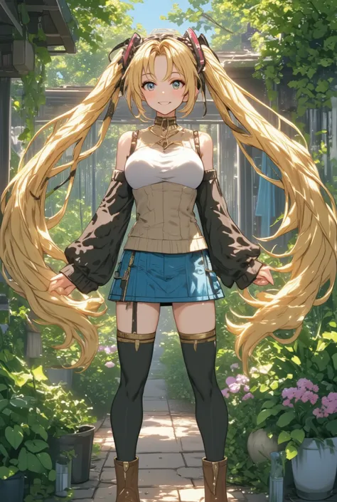 ( masterpiece、 最high quality、 最high quality、Official Art、 beautiful and beautiful :1.2)、(one girl:1.3) Hatsune Miku、twin tails, beautiful breasts,(high quality, high definition, super detailed, realistic:1.37), serene atmosphere, (Outdoors, garden), ag...
