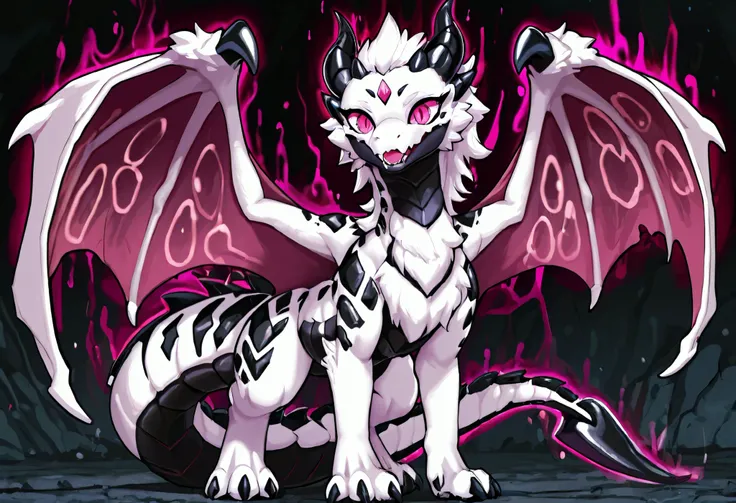 Female Dragon. Feral body type. Scorpion element. Furryfemale. White fur. Black carapace. Pink eyes. Velociraptor eyes. Dragon wings. Compound eyes on the forehead. Multiple eyes. Scorpion's tail. A poisonous aura. anime style.