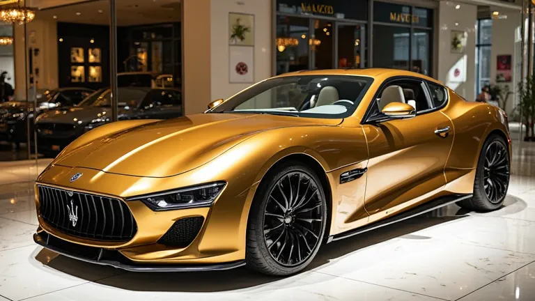 A stunning 2025 Maserati MC20 with a breathtaking metallic gold mirror finish parked inside a luxurious showroom with bright, elegant lighting. The car's aerodynamic design, aggressive front grille with the Maserati trident emblem, and sharp LED headlights...