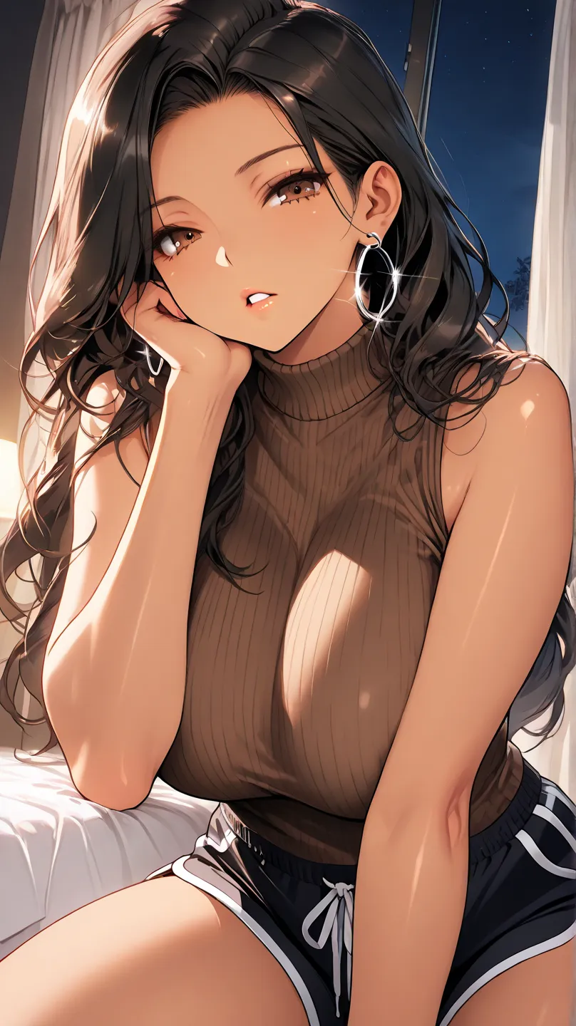 1Girl, Mature, Adult, Caucasian, American, Light Brown Skin, Long Jet-Black Hair, Curtain Bangs, Shiny Hair, Bright Brown Eyes, Large Chest, Brown Knitted Sleeveless Turtleneck, Black Dolphin Shorts, Silver Hoop Earrings, Looking At Viewer, Bored, Teeth, P...