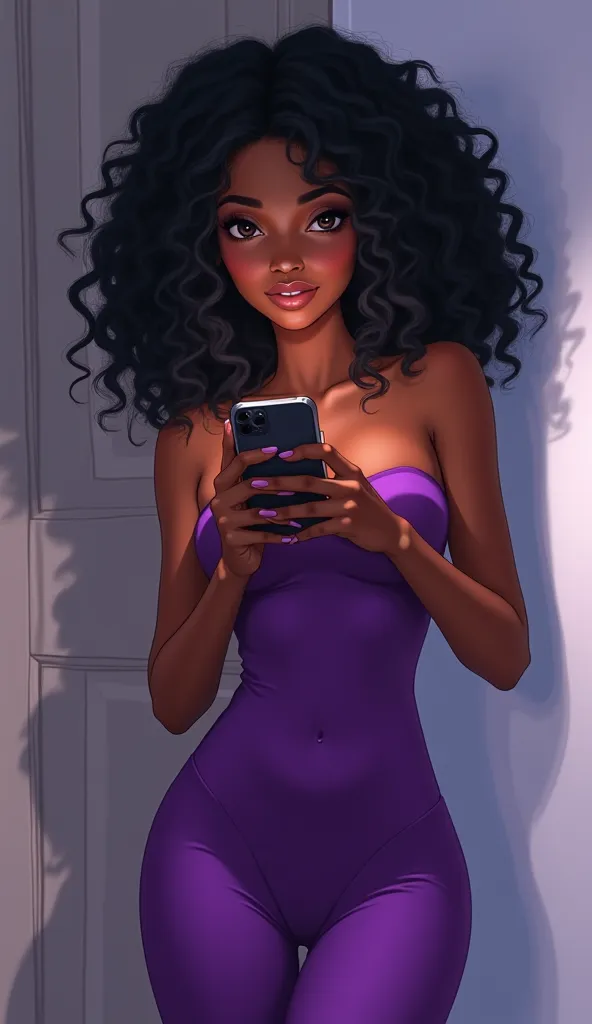 A beautiful black lady wearing tight fitted purple dress, she has black hair and black eyes, she is beautiful, she is texting on her phone, anime style, realistic shot