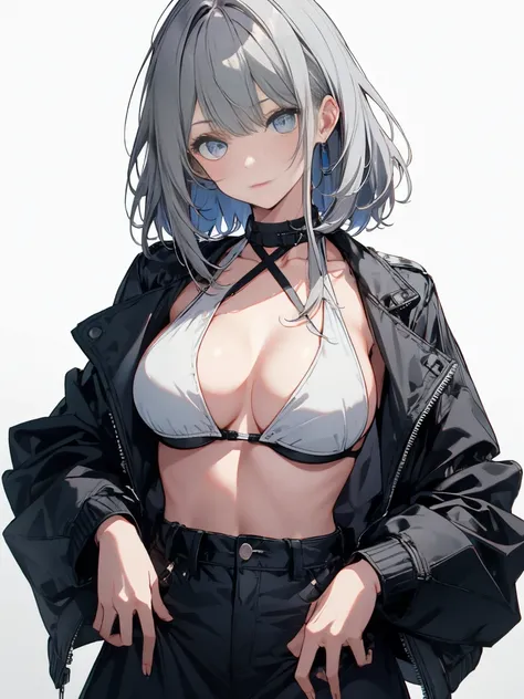 【top quality, table top】 [one girl,  comments, no expression,  positive for home, (Gray Hair:1.5), straight hair , (shortcuts:1.4),(blue eyes:1.3), Oversized Black Jacket , black skirt,  take off their jackets , bigger breasts in bikinis,upper body] ( Grey...