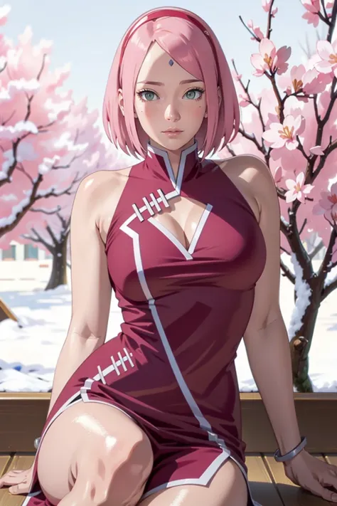 tmasterpiece， Best quality at the best price， a girl， sakura haruno， big breasts， Clothes with bare shoulders ，（cleavage)，（upperbody closeup)，Sexy Lifted，is shy， smile，with pink hair，short hair， （green eyes:1.4)， ， as cherry trees，cherry blossoms， red clot...