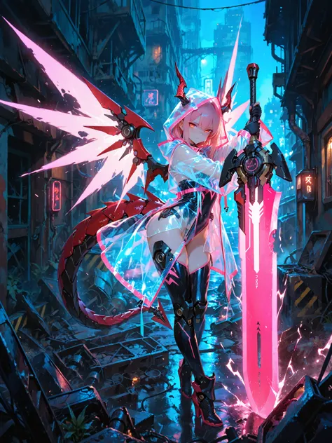 masterpiece, best quality, very aesthetic, absurdres,,full body, 1girl, neon lights, see-through holographic clothing, see-through raincoat, dragon horns, mechanical tail, mecha musume, tsurime, holding greatsword, huge weapon, draconic wings,energy wings,...