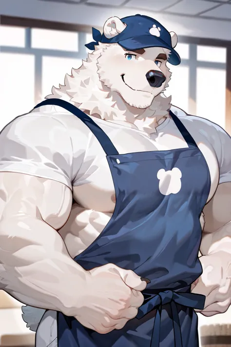 1 boy , alone, human furry , polar bear, white fur, blue eyes, White hair,Brown eyebrows, strong ,Sturdy ,muscular。Well-developed chest muscles,
White T-shirt,Blue Apron,Blue Hat。
Cheerful ,Confident Gesture。
masterpiece, is the best quality,