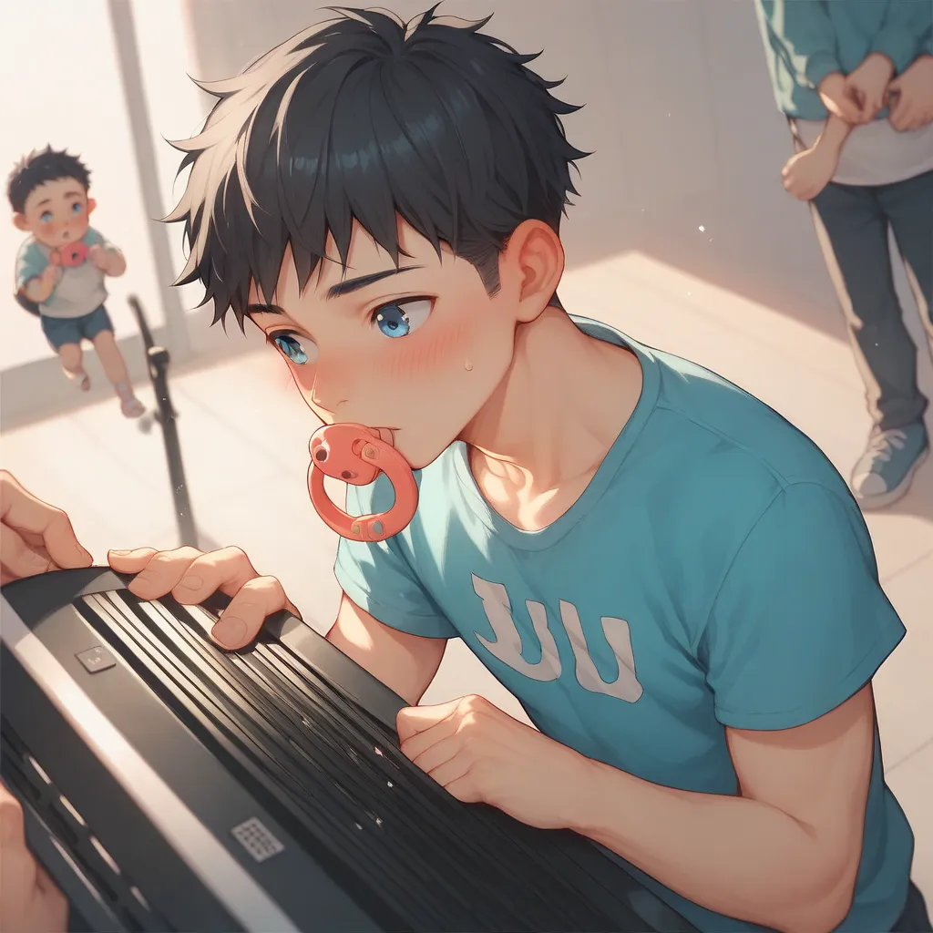 1 , Blush, fringe, blue eyes, black hair, Small breasts, kawaii, pacifier, baby grill, Sexy young man, pale, fly away, Young man with clothes ,Blush claro, 