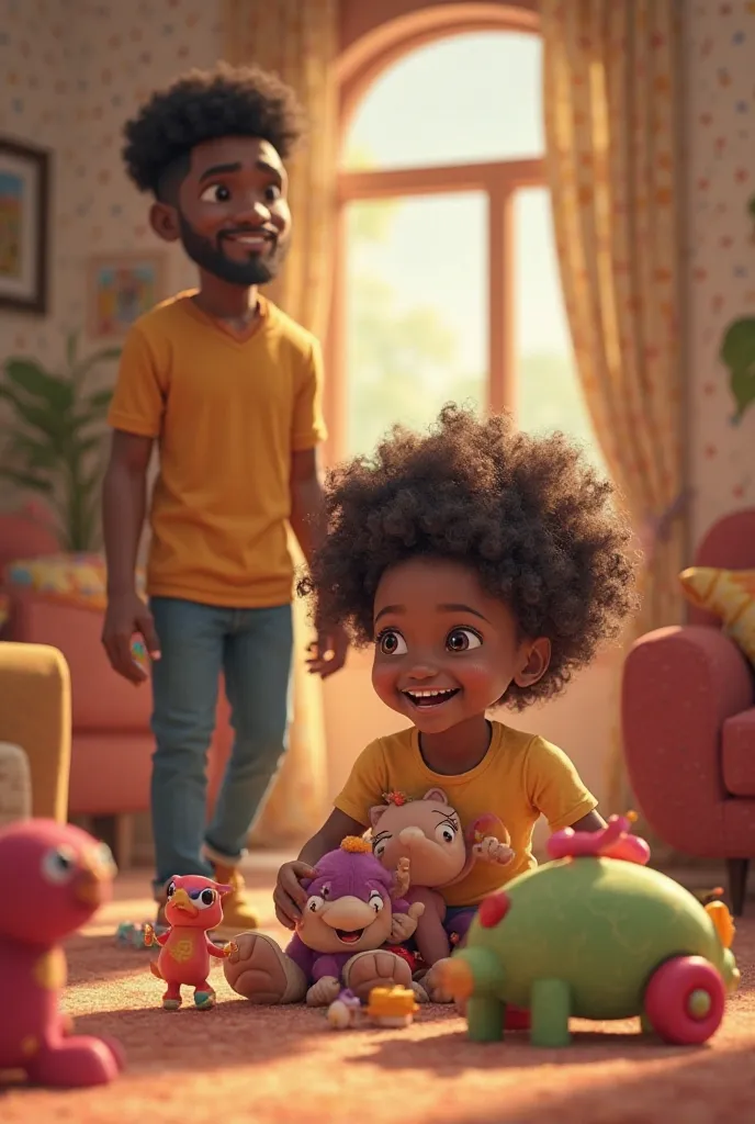   curly brown-haired girl plays with her toys while her 30-year-old black cousin arrives with a surprise