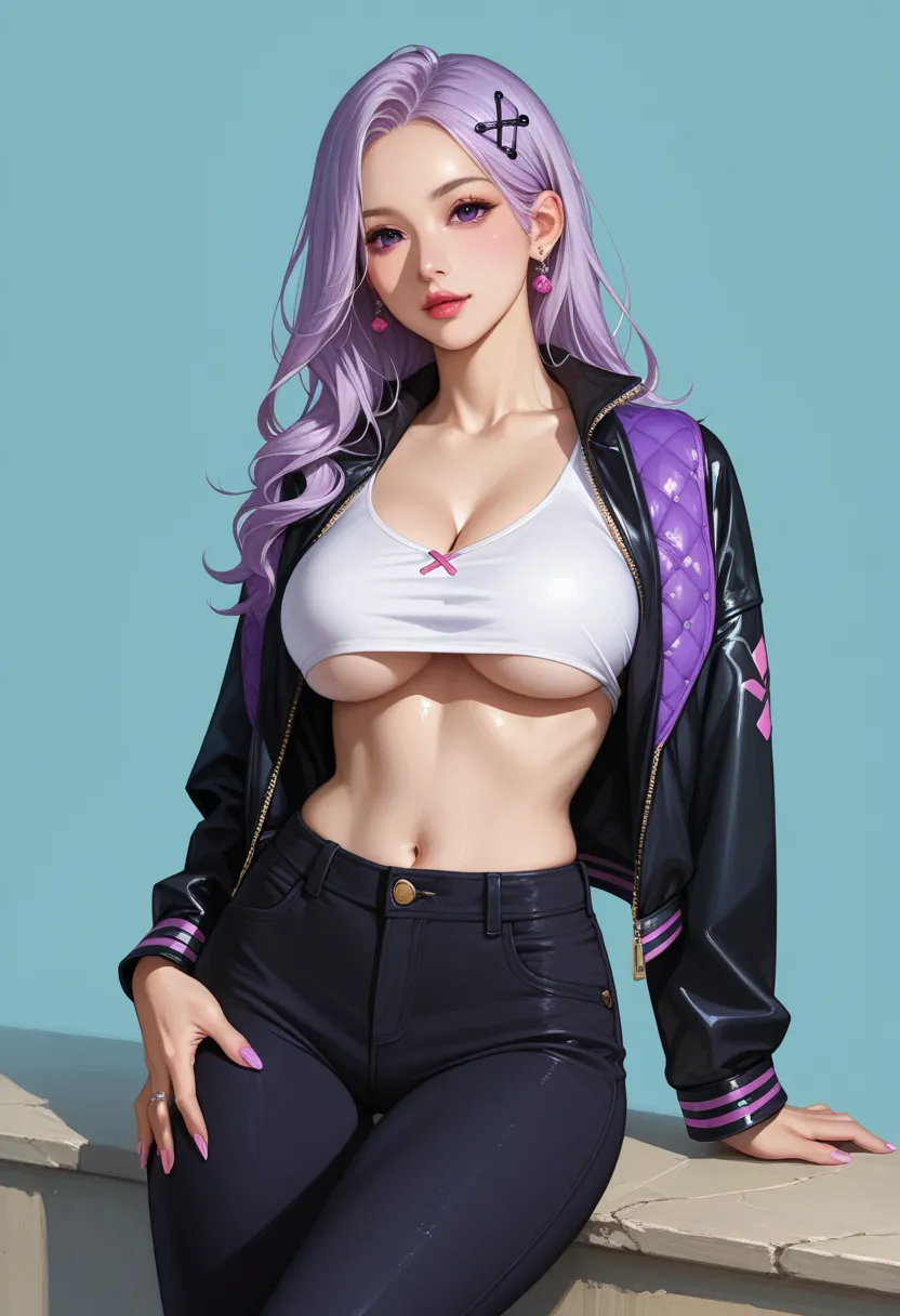 1girl, breasts, solo, purple_eyes, hair_ornament, jacket, x_hair_ornament, cleavage, long_hair, navel, looking_at_viewer, black_pants, pants, large_breasts, open_clothes, open_jacket, black_jacket, underboob, hands_on_own_knees, white_shirt