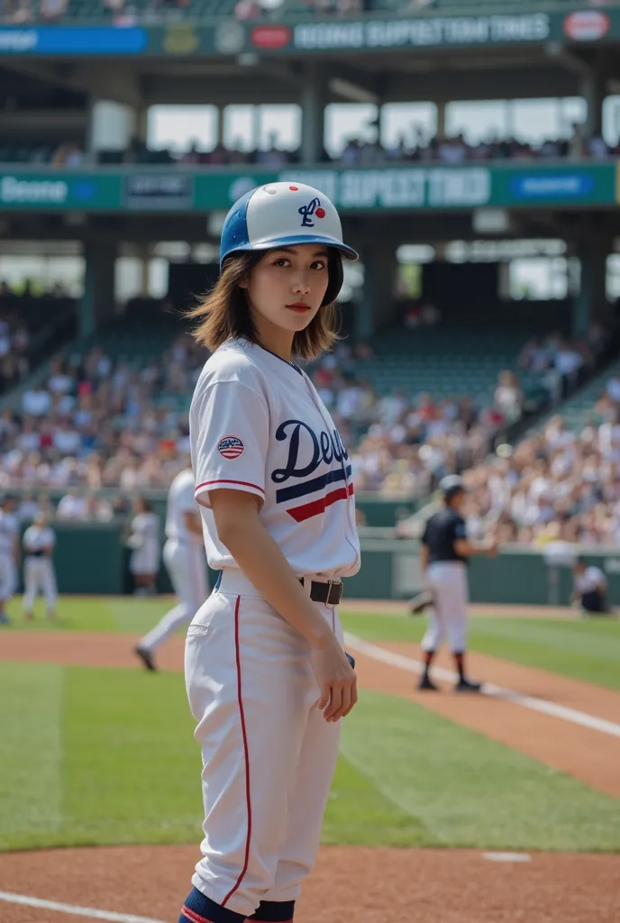 A short-haired woman wearing a baseball helmet standing in a batter box at a baseball stadium with a referee, catcher, and a full audience in the background