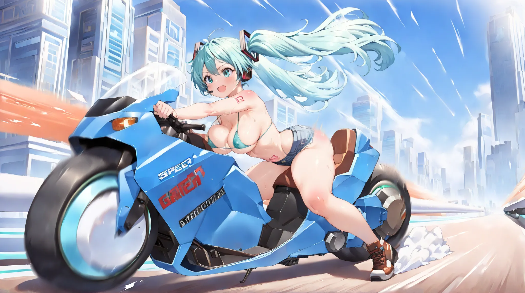 masterpiece,best quality,insanely detailed,incredibly absurdres,(8K resolution),crisp quality,perfect fingers,sharp focus,sharp lines, 1girl,happy,Futuristic Skyscraper City,
KanedaBike_Akira, motor vehicle, motorcycle,Driving a motorcycle at great speed,m...