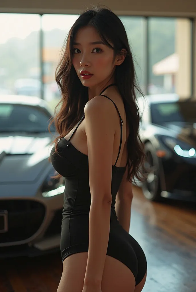 Beautiful Korean woman with black panties, extra large full body ass, looking at the horizon, with large breast neckline in the background luxury cars