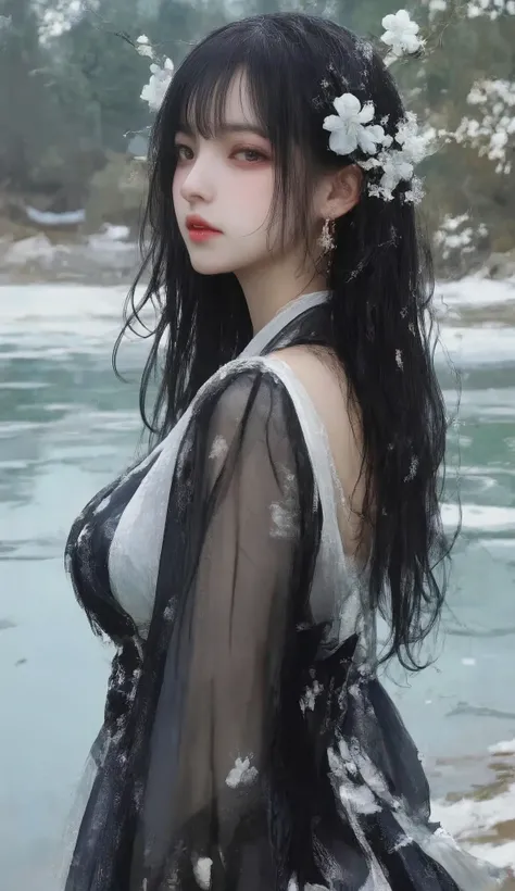 high quality, 【8k, on dark background 、 high quality photography、 wet texture 、[Ice、 studio photography 、engraving、Shallow depth of field、Vignette、 super details、 high budget 、 bokeh 、Wide cinema 、[典雅、colorful、 film grain ,Model with long, Slightly cur...