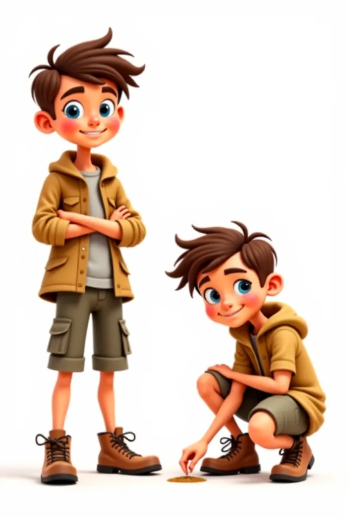 Three-panel character design of a  boy on a plain white background. He has tousled brown hair, a freckled face, and bright blue eyes full of wonder. He wears a slightly oversized tan explorer jacket, rugged cargo shorts, and sturdy hiking boots with untied...