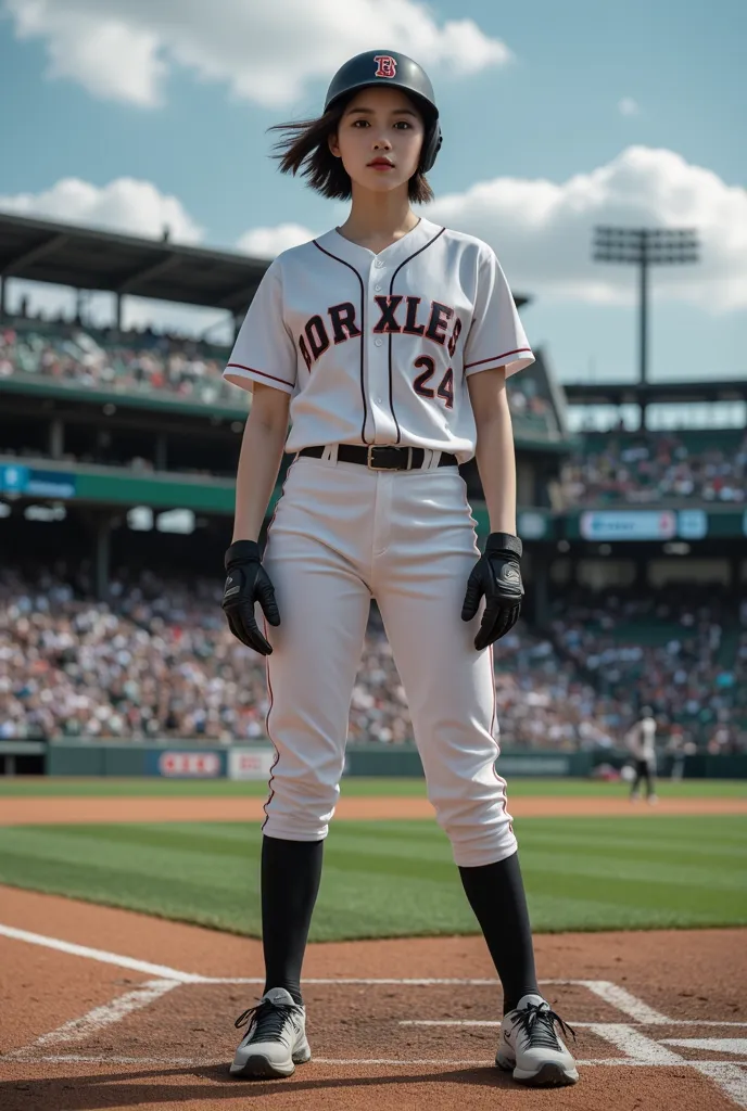 A short-haired woman wearing a baseball helmet standing in a batter box at a baseball stadium with a referee, catcher, and a full audience in the background