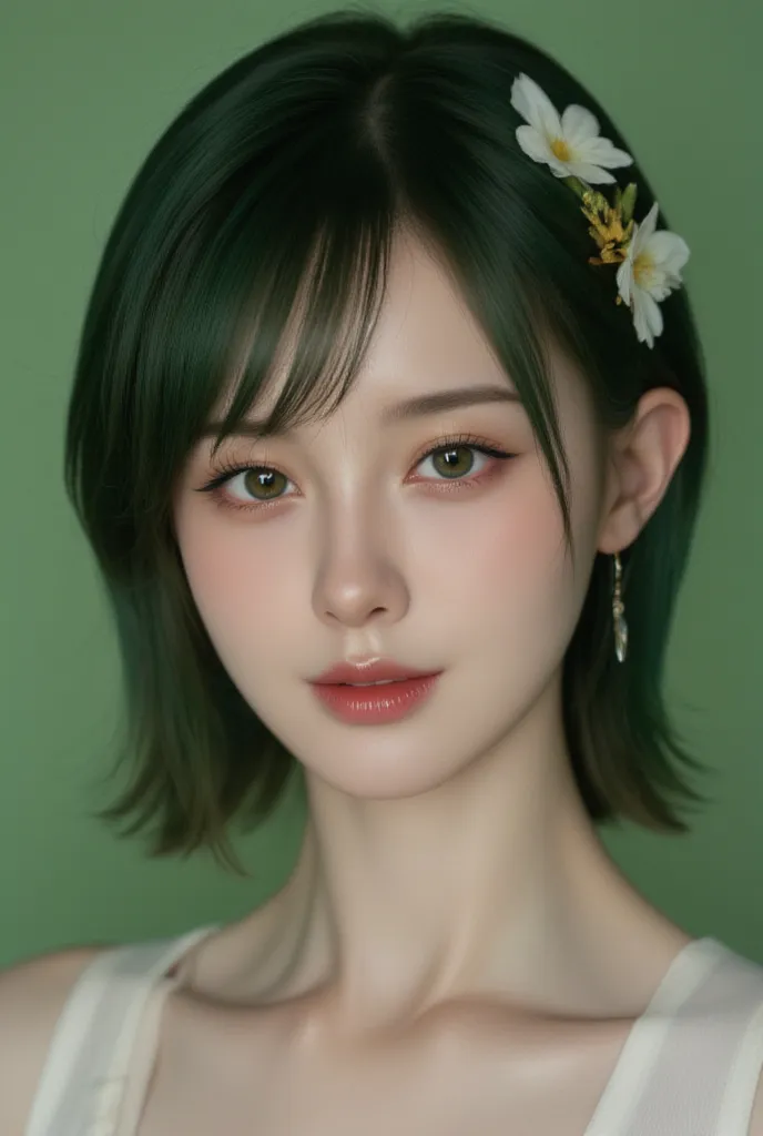 nsfw, close up amateur shot, extreme close up face focus shot,  beautiful young Russian woman, dark green hair, straight bangs, short haircut, flower in hair, windy, long eyelashes, hanging earring, fair white skin, neon green eye color, (eye contact), hap...