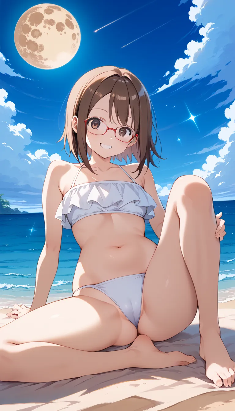 NSFW ((Takagi))sitting on sandy beach、  shot from the foot 、Shooting from the lower body、boyish、baby face、fun、 Funny Smile Expression 、 Shininess Chief 、Expectations、 surprise、Shyness、sandy beach、Midsummer、 moon、ocean、blue sky、 orbital space、pretty girl , ...