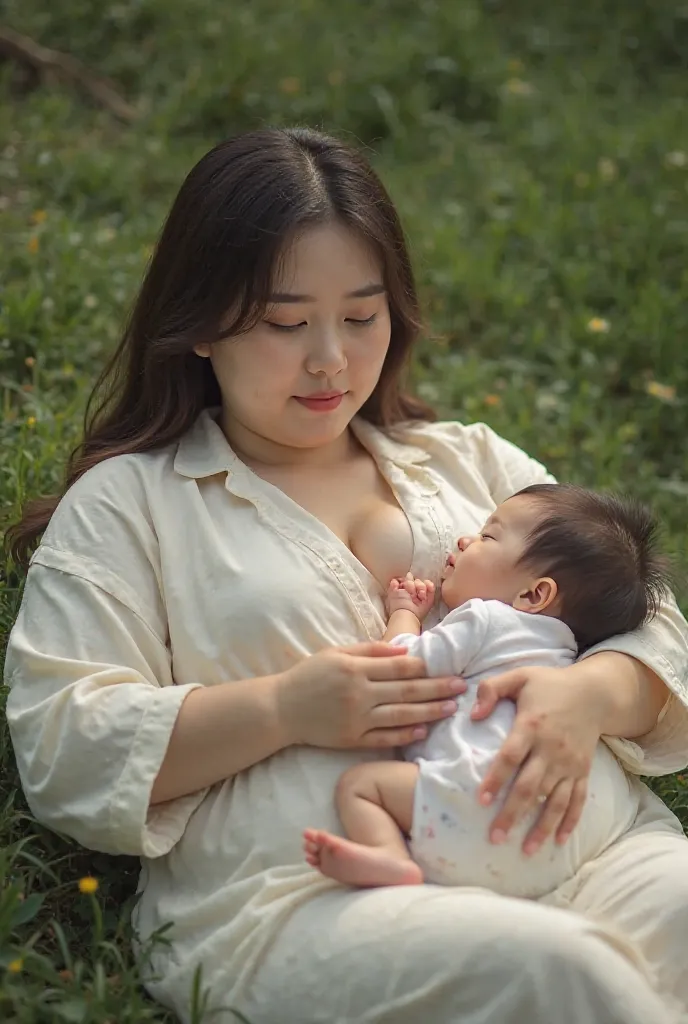 Sexy chubby Korean girl in pajamas with open breasts breastfeeding with eyes closed sleeping on the grass perfect atmosphere perfect resolution perfect contrast light and shade perfect winning photos