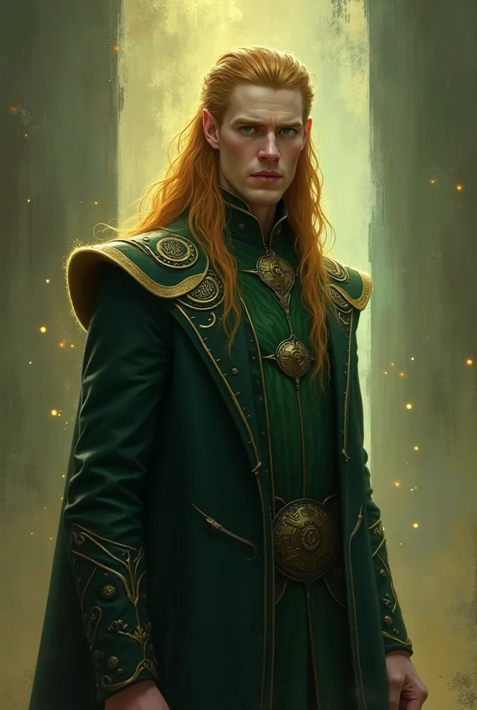 Create the God of Norse mythology Loki as a tall man, skinny with strawberry blond hair