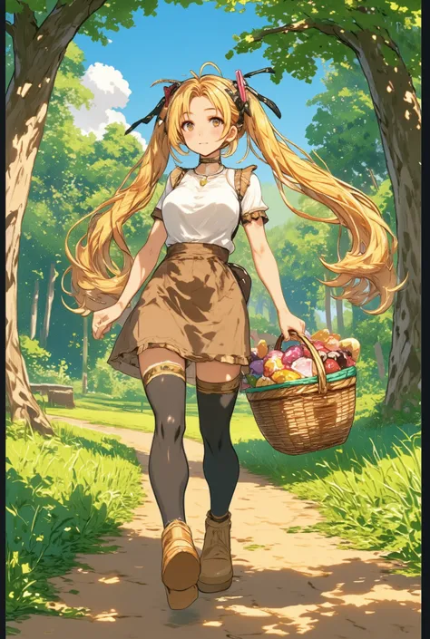 ( masterpiece、 top quality、 top quality、Official Art、 beautiful and beautiful :1.2)、(one girl:1.3) Hatsune Miku、twin tails, beautiful breasts,cute blond girl in a red hat walking along a sunny forest path、Walking along a sunny forest path。, wearing pea...