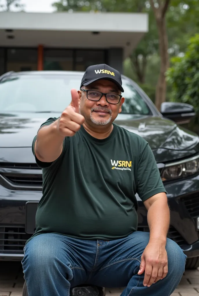 indonesian man,age 40, rather chubby ,  clean face ,mature sawdust leather, wear a black sport hat ,dark green wsrna t-shirt, celana blue jeans, was sitting in front of the door of a black hon car, looking at camera , pointing right thumb finger, are very ...