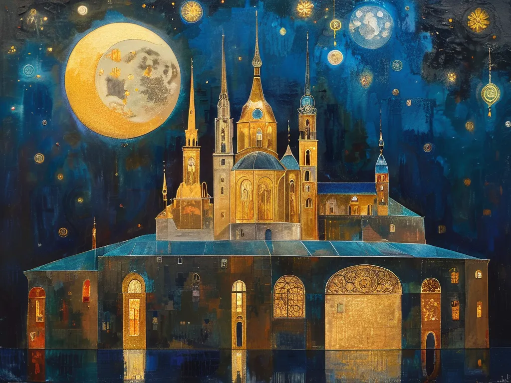 A magical European town at night, features a high spire in the center. is painted with silver line art throughout,  stained glass . The sky is deep blue 、A shining full moon and scattered golden stars々 is shown, with swirling decorative patterns. The build...