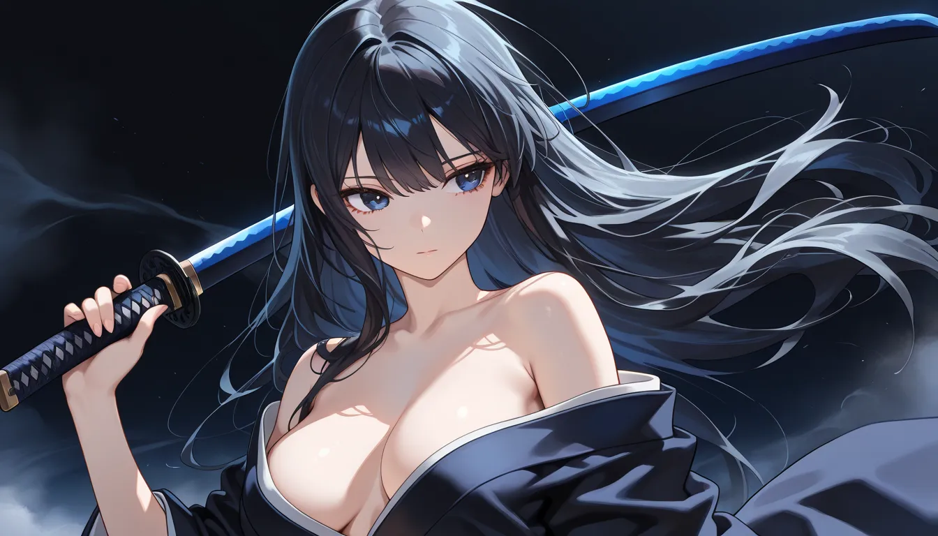 ((masterpiece, best quality, amazing quality, very aesthetic, newest, realism, hyper-detailed, beautiful, cinematic)) 1girl, 24 Years Old, A bit medium breasts, solo, Dark Blue Background, long black hair, Dark Blue Kimono , Unsheathe a Katana with a Dark ...