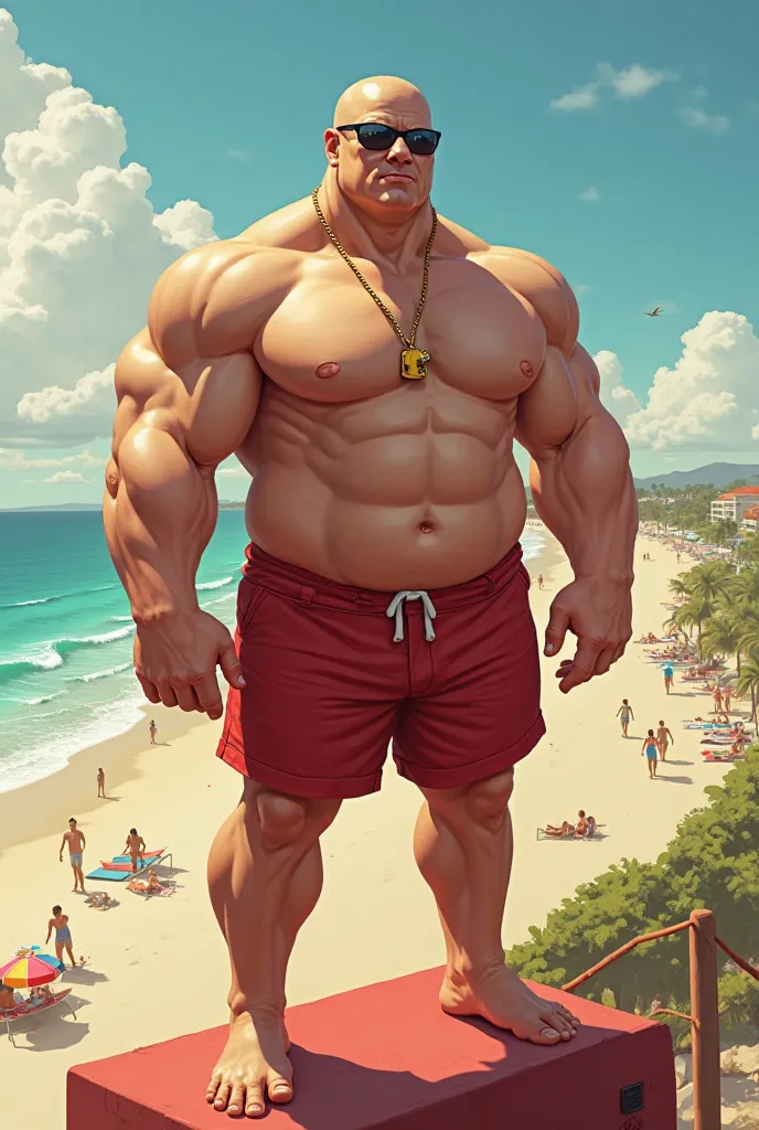 Bald lifeguard, With sunglasses and fat