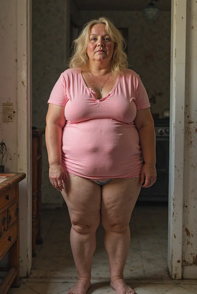 stepdaughter,fea,very fat,  pimples on the face , Greasy and sweaty legs, huge and greasy belly extremely ugly and with ugly clothes, pink t-shirt, extremely small skirt, without panties and visible vagina and fat tits,blond hair, full of bruises without p...