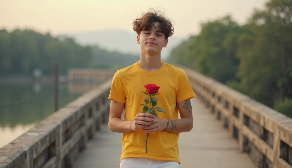 16k A handsome boy. About 28 years old. He was standing on a bridge with his hands clasped. He was wearing a yellow shirt and short white  pants. He had a loving look. He had a tattoo on one arm.rose flower put on the hands.
