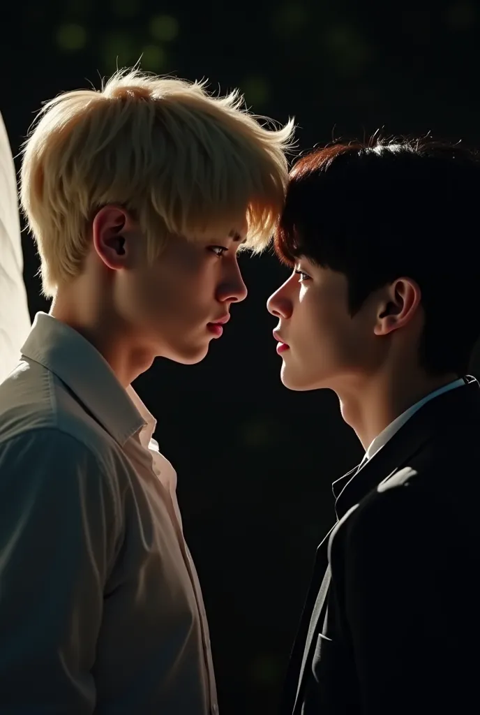 JIMIN from BTS has blonde hair and beautiful white wings and is in profile looking at JUNGKOOK from BTS who has black hair from above, both look into each other's eyes Jimin from above and Jungkook from below, They look at each other intensely while it's d...