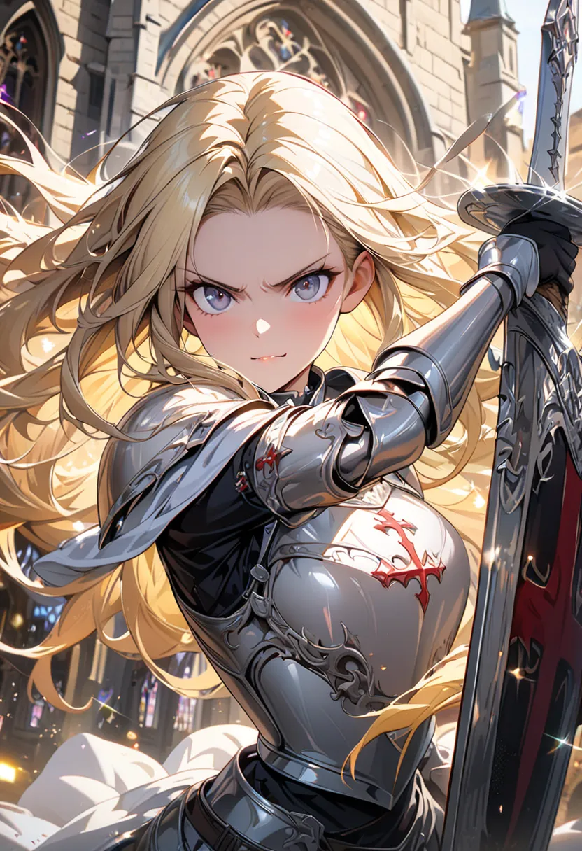 ((Female, Crusader, Knight, holding sword, holding large shield, cross pattern, silver-white armor, blonde, long hair, serious face, background in front of a church in a western-style town))), masterpiece, top quality, highly detailed, detailed 4k artwork,...