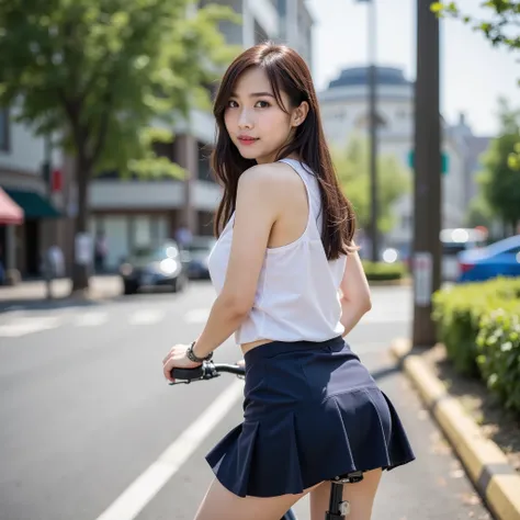 Photo shot showing the full body of a beautiful female professional、young woman riding a bike on a city road、Take a picture of her diagonally backwards from below、Ride a bicycle and look back and watch the viewers、Women are wearing oversized tank tops and ...