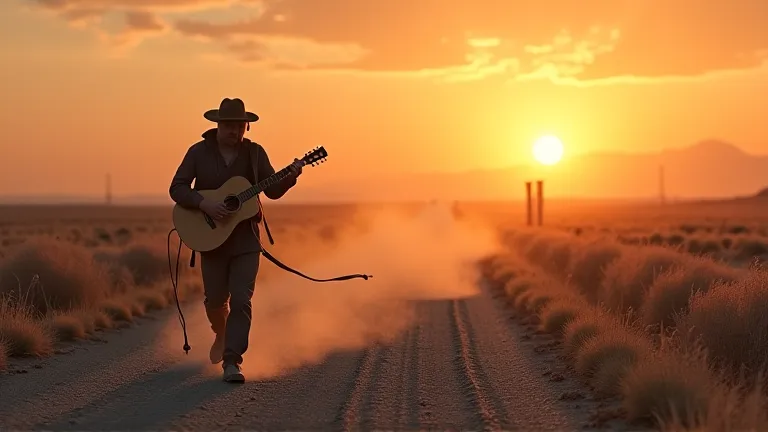 Under a fading sunset、it's dusty and endless gravel road extends to the horizon、and is dyed in warm orange and cool purple。
One man is playing a weathered guitar、it leaves deep and unwavering footprints in the soil。the wind rolls up faint dust clouds、it bl...