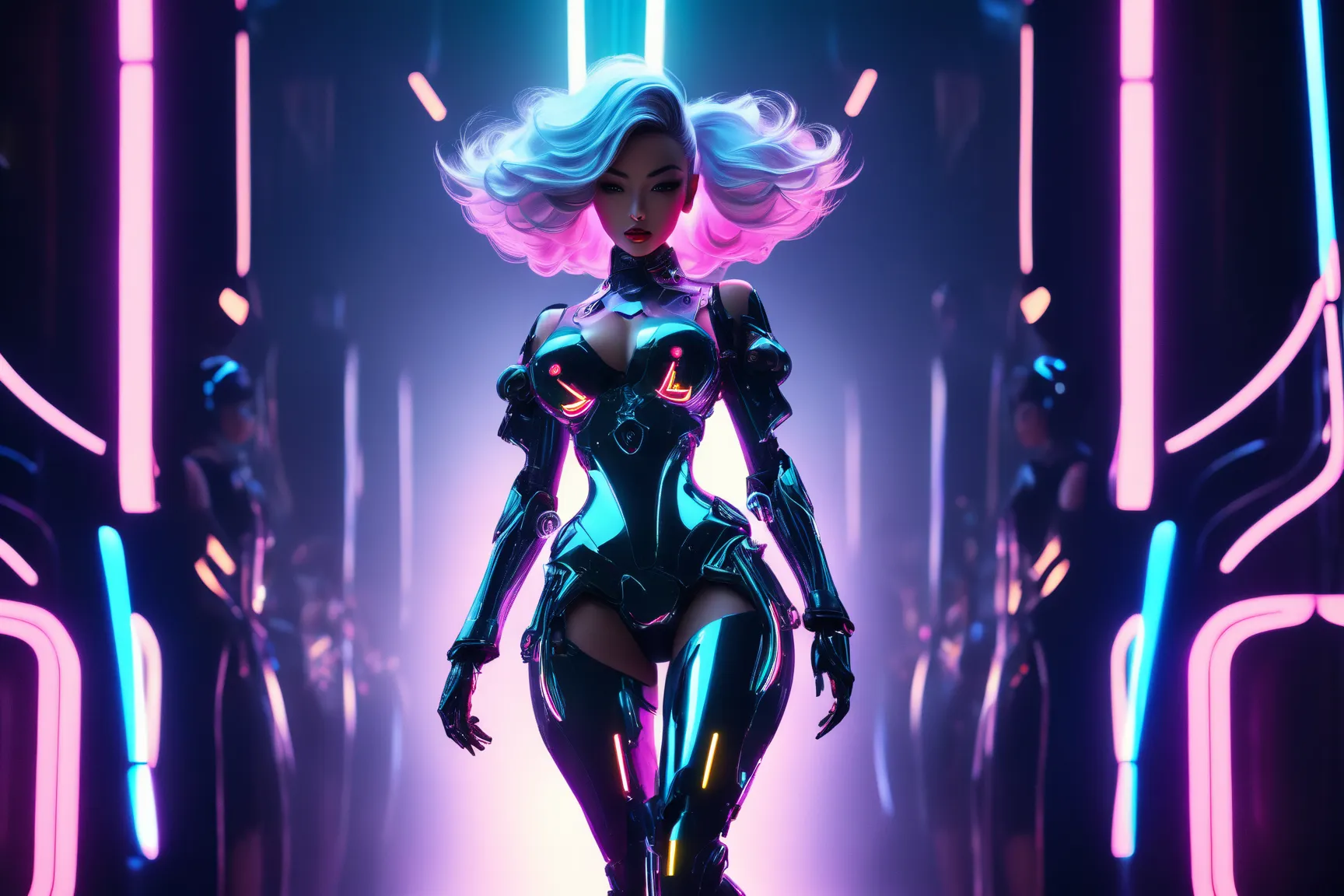 Sexy robot (female form, hyper feminine form (including large breasts, nice thighs, and great butt) neon internal lighting, obvious mechanical plating and armor), does a confident sultry flirtatios walk down a fashion catwalk, audience in the shadows