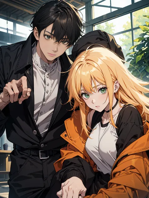 anime.. Man with black and black hair scattered.. orange greenagua.. adult..  ager...  attractive.....with a girl with light blond hair.. orange green