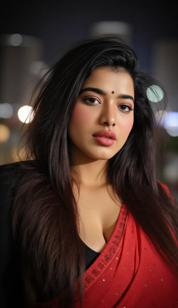 Indian 22 year old voluptuous, wet body exposing her Large u shaped cleavage blouse (deep neck), wearing red, undressing her blouse, showing her bra, saree and black blouse, chennai market, night time, illuminated by market light. Ultra realistic, beautifu...