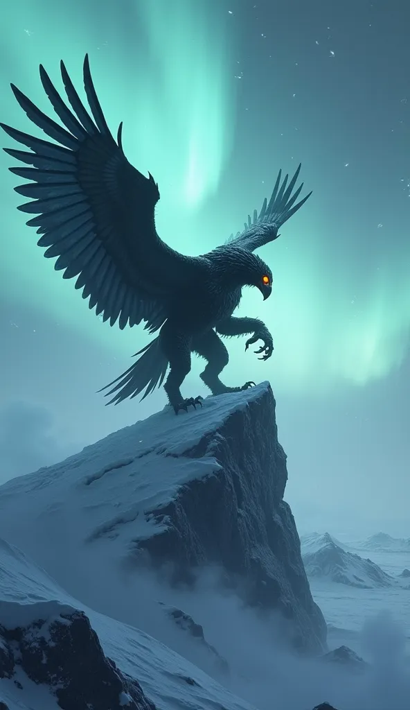 Standing atop a shattered glacier, silhouetted against the flickering aurora, is the monstrous fusion of polar bear, raven, and mantis. Its powerful, armored form moves with unnatural precision, shifting between brute-force destruction and insect-like spee...