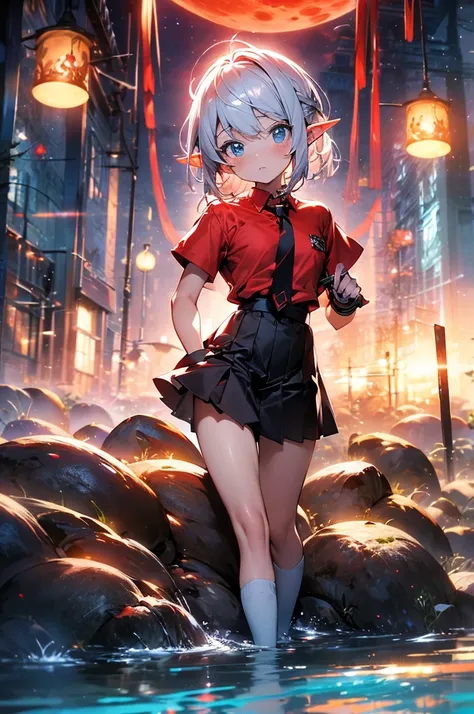 newest, Masterpiece, High quality, 8K Ultra HD, midnight, red moon, Mysterious forests, clear rivers, cloud fogy, one little elf girl, cute, small-chested, black school uniform, ((red tie)). full body