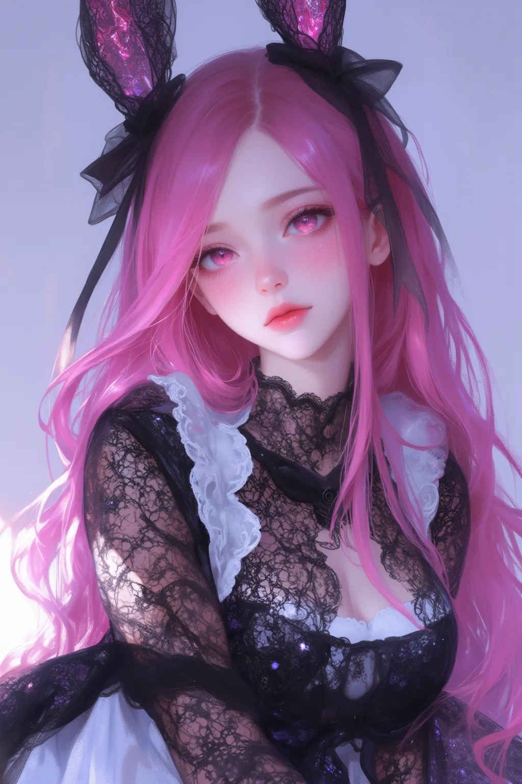 1 girl with long pink hair and pink eyes, high definition, smiles, ribbon,黒い ribbonのヘアアクセサリー, rabbit ears,  black and white lace clothes gothic lolita clothes fluffy hair