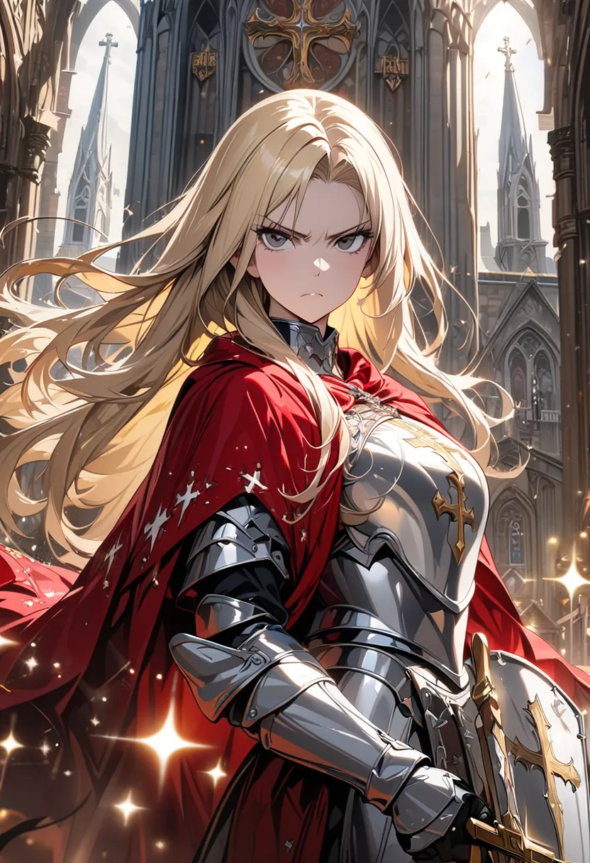 ((Woman, Crusader, Knight, holding sword, holding large shield, gold cross pattern, silver-white armor, red cloak, blonde, long hair, serious face, background in front of a church in a western-style town))), masterpiece, highest quality, highly detailed, d...