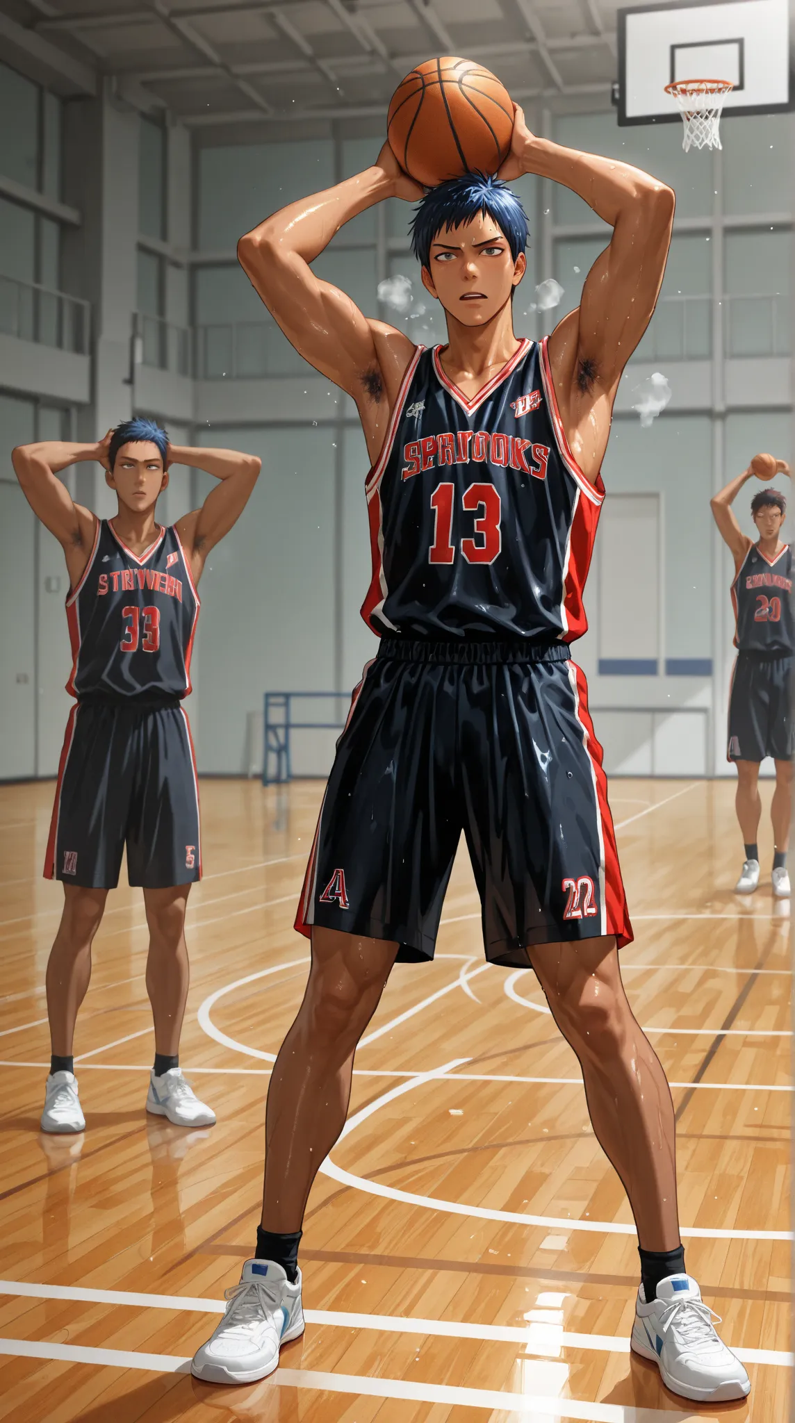 (Kuroko's Basketball),Daiki Aomine is a strong and tall Japanese male high school student with sharp eyes, wrinkles between eyebrows, bluish black hair, and strong, brown skin,Wears a wet sleeveless basketball uniform,Steam comes out of your armpits ,Sweat...