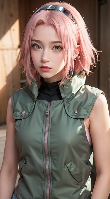  young,  short pink hair to the shoulders, wide forehead, porcelain skin, pink eyebrows, big emerald green eyes, button nose, full lips, Heart-shaped face, thin body pupils, small breasts, red sleeveless t-shirt, Sakura Haruno , realistic, realism,  detail...