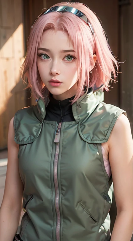  young,  short pink hair to the shoulders, wide forehead, porcelain skin, pink eyebrows, big emerald green eyes, button nose, full lips, Heart-shaped face, thin body pupils, small breasts, red sleeveless t-shirt, Sakura Haruno , realistic, realism,  detail...