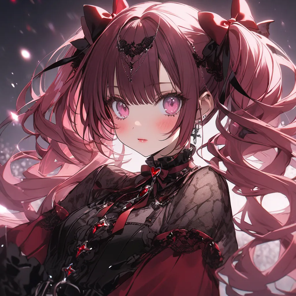 1 girl, cute、 Hair、twin tails、red gothic、pink eyes、Lace pattern　 glitter

