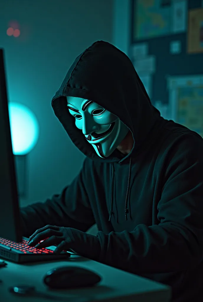 Man wearing Anonymous mask in front of the computer as if he were working on spying