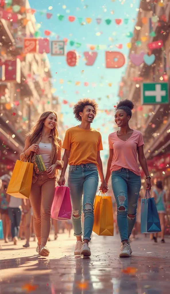 A vibrant and dynamic digital hiperrealistic celebrating Consumer Day. The scene features happy and diverse people enjoying a shopping experience, carrying colorful bags and gift boxes. The background showcases a festive atmosphere with confetti, banners. ...